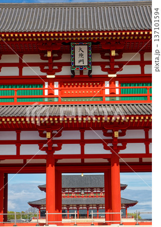 冬の平城京跡・大極門越しに見る大極殿 冬の平城京跡・大極門越しに見る大極殿 137101594