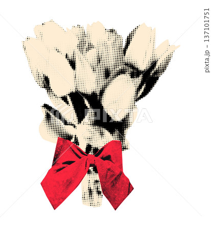 Spring flowers tied with red ribbon bow halftone collage element Cut out tulips clipping sticker, clip art. Modern retro grunge mixed media vector illustration isolated on transparent background 137101751