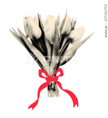 Halftone flowers bouquet, tulips tied with red ribbon in bow. Cut out of vintage magazine element, floral sticker for collage and scrapbook. Modern retro vector illustration for mixed media design 137101753