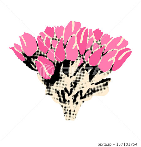 Spring flowers cut out element, floral sticker for collage and scrapbook. Halftone tulips bouquet with vintage dot texture and pink doodles. Modern retro grunge mixed media vector illustration 137101754