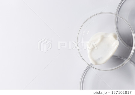 Moisturizing cosmetic skin cream in a Petri dish. Copy space 137101817
