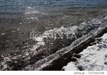 Ice formed on Lake Yamanakako in the winter, in yamanashi Japan 137102140