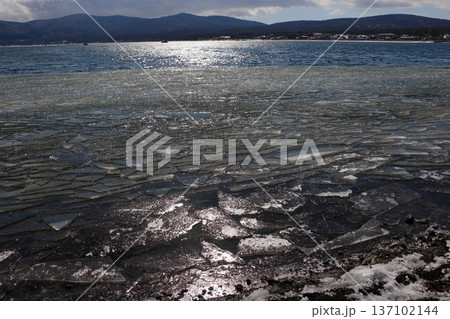 Ice formed on Lake Yamanakako in the winter, in yamanashi Japan Ice formed on Lake Yamanakako in the winter, in yamanashi Japan 137102144