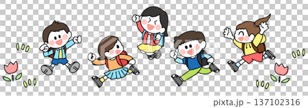 Illustration of children carrying school bags running side by side 137102316