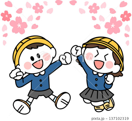 制服を着て笑顔でジャンプする新一年生の子どもたち 137102319