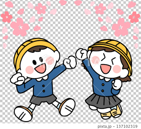 制服を着て笑顔でジャンプする新一年生の子どもたち 137102319