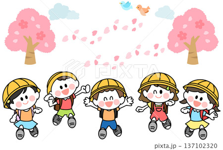 ランドセルを背負って笑顔で登校する 子どもたちのイラスト ランドセルを背負って笑顔で登校する 子どもたちのイラスト 137102320