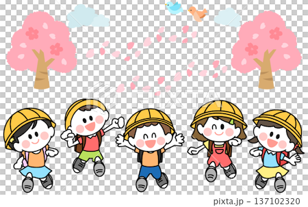 ランドセルを背負って笑顔で登校する 子どもたちのイラスト ランドセルを背負って笑顔で登校する 子どもたちのイラスト 137102320