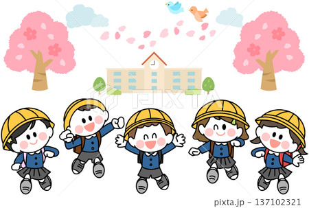 ランドセルを背負って笑顔で登校する　制服を着た新一年生のイラスト 137102321