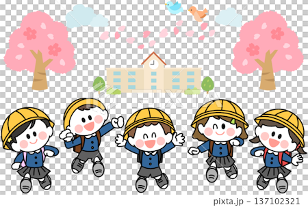 ランドセルを背負って笑顔で登校する　制服を着た新一年生のイラスト 137102321