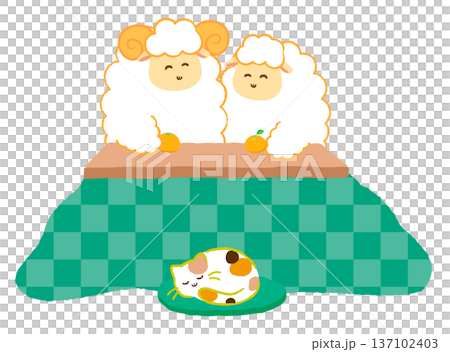 こたつで寛ぐ2匹の羊と三毛猫の可愛いイラスト。みかんと炬燵の冬の団らん。2027年未年年賀状素材 137102403