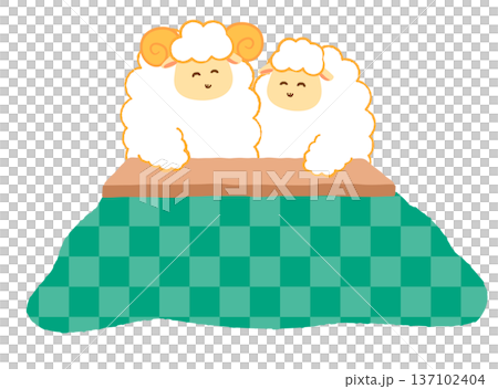 A pair of sheep relaxing together around a kotatsu. A warm winter indoor scene and the animals of the Chinese zodiac. A pop, hand-drawn style. 137102404