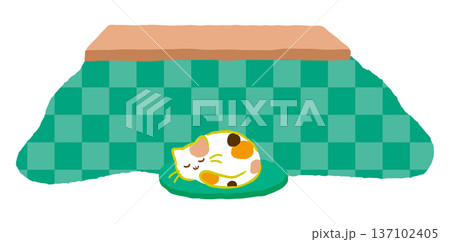こたつで丸くなって眠る可愛い三毛猫のイラスト。冬の団らんと癒やしの動物素材。手書き風・ポップ。 137102405