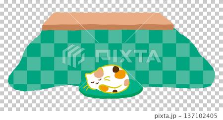 一幅可愛的三色貓蜷縮在被爐裡睡覺的插畫。動物元素象徵冬日裡的溫馨與放鬆。手繪風格，流行風格。 137102405