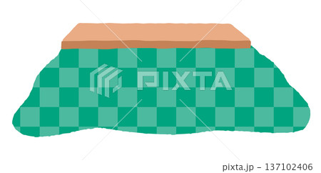 緑の市松模様の可愛いこたつイラスト。手書き風でポップな冬の家具素材。ベクター・白背景。 137102406