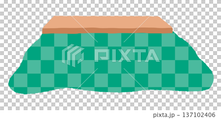 緑の市松模様の可愛いこたつイラスト。手書き風でポップな冬の家具素材。ベクター・白背景。 137102406