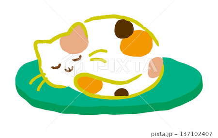 座布団の上で丸くなって眠る可愛い三毛猫。癒やしの猫キャラクターと緑色のクッション。ベクター素材。 137102407