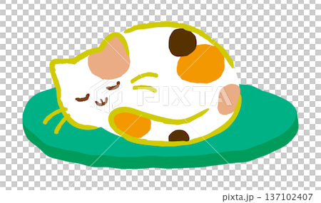 一隻可愛的三色貓蜷縮在靠墊上睡覺。一隻溫馴的貓咪形象,搭配綠色靠墊。向量圖。 一隻可愛的三色貓蜷縮在靠墊上睡覺。一隻溫馴的貓咪形象,搭配綠色靠墊。向量圖。 137102407