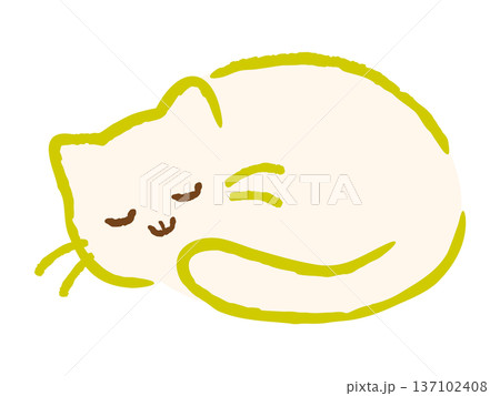 丸くなって眠る可愛い白猫のイラスト。癒やしの白いねこ、手書き風の動物キャラクター素材。ベクター。 丸くなって眠る可愛い白猫のイラスト。癒やしの白いねこ、手書き風の動物キャラクター素材。ベクター。 137102408
