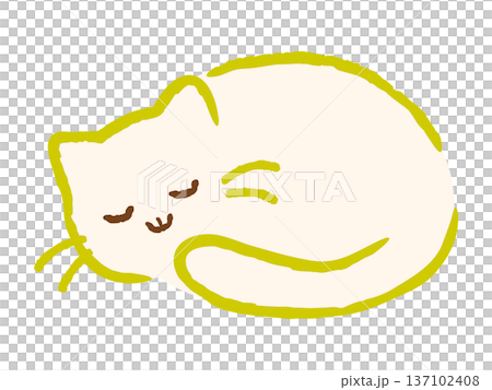 丸くなって眠る可愛い白猫のイラスト。癒やしの白いねこ、手書き風の動物キャラクター素材。ベクター。 丸くなって眠る可愛い白猫のイラスト。癒やしの白いねこ、手書き風の動物キャラクター素材。ベクター。 137102408