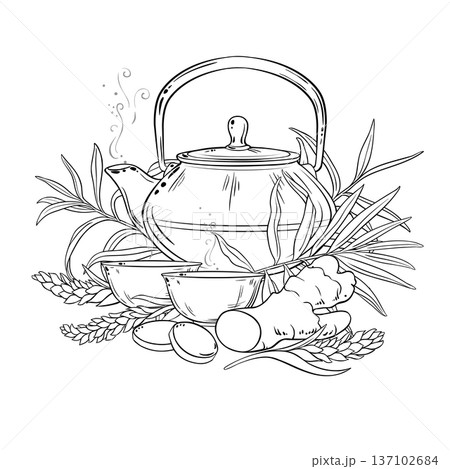 Ginger Tea in Teapot Outline Illustration. 137102684