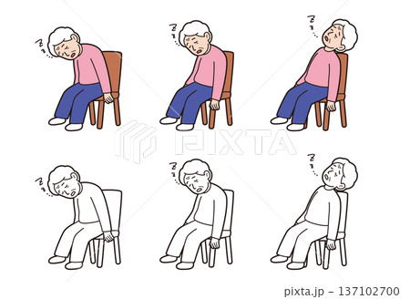 椅子で傾眠する高齢女性のイラストセット パーキンソン病や介護の側屈・前傾姿勢 137102700