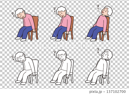 椅子で傾眠する高齢女性のイラストセット パーキンソン病や介護の側屈・前傾姿勢 137102700