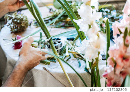 Man cuts gladiolus stem with green pruning shears on table. Artisan at work, handmade movement, small business owner, floral studio, craftsmanship, creative entrepreneur. Man cuts gladiolus stem with green pruning shears on table. Artisan at work, handmade movement, small business owner, floral studio, craftsmanship, creative entrepreneur. 137102806