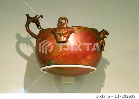 Antique ceramic decorative amphora on a white background. Clay jugs and a pot, a set of ancient utensils for drinking wine, water or milk. High quality photo. 137102939