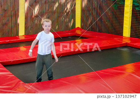 Cute little boy jumping on a trampoline in a backyard on warm and sunny summer day. Sports and exercises for children. Happy boy jumping on trampoline park in sport center. High quality photo Cute little boy jumping on a trampoline in a backyard on warm and sunny summer day. Sports and exercises for children. Happy boy jumping on trampoline park in sport center. High quality photo 137102947