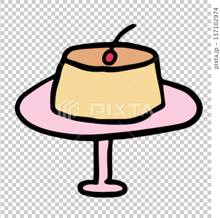 Hand drawn pudding with cherry for sweet dessert, cafe, restaurant, menu, recipe, sticker, department store, supermarket, market, cute patch, office snack, lunch break, sugar, diet, vegan 137102974