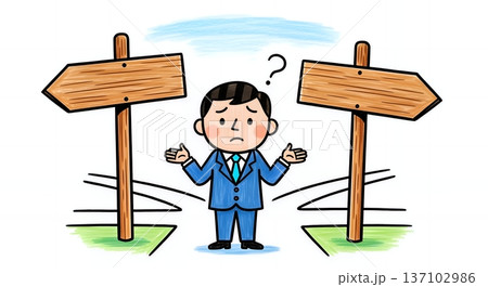 分かれ道で進むべき方向を決められず迷うビジネスマンのイラスト 137102986