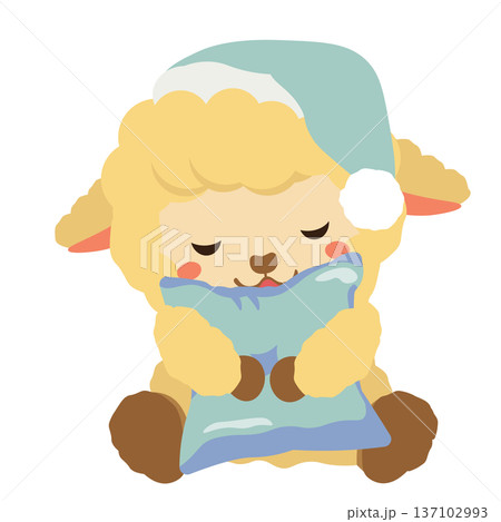 クッションを抱えて眠る、ベージュ色の羊のぬいぐるみのイラスト 137102993