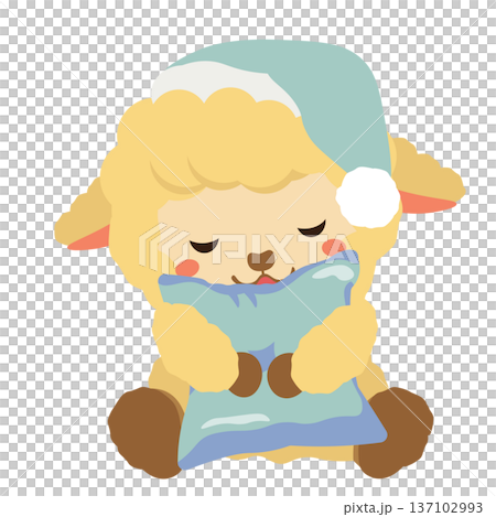 クッションを抱えて眠る、ベージュ色の羊のぬいぐるみのイラスト 137102993