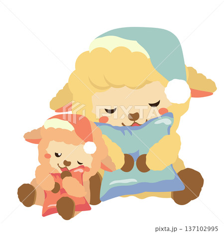 ベージュ色のヒツジのぬいぐるみ親子が眠るイラスト 137102995