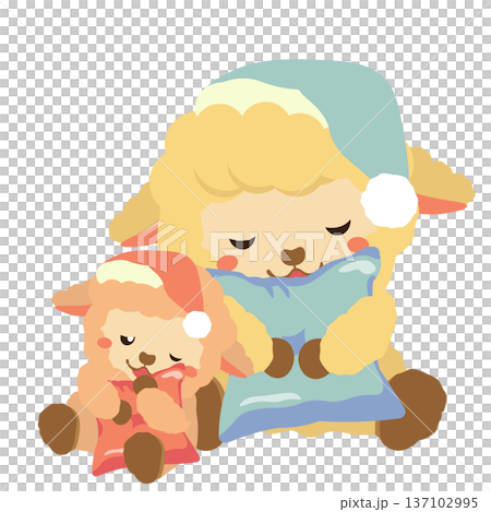 ベージュ色のヒツジのぬいぐるみ親子が眠るイラスト 137102995