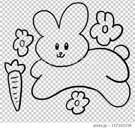 Hand drawn outline of bunny doll, flowers, carrot for colouring book, cartoon characters, comic, mascot, patch, rabbit drawing, animal, pet shop, vet, sticker, zoo, souvenir shop, pin, brooch, easter 137103156