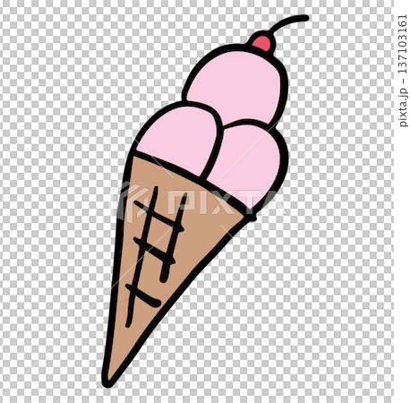 Hand drawn strawberry ice cream cone with cherry for sweet dessert, cafe, restaurant, menu, recipe, sticker, department store, supermarket, market, cute patch, office snack, lunch break, sugar, diet 137103161