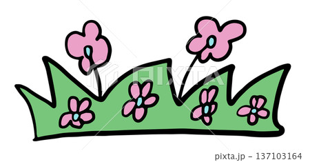 Hand drawn pink flowers with green grass for nature, garden, tree, plants, blossom, blooming, park, picnic, home yard, sticker, cartoon, floral print, decoration, patch, tattoo, icon, fabric print 137103164