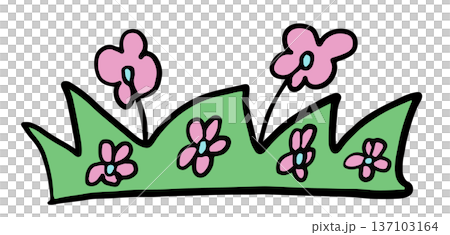 Hand drawn pink flowers with green grass for nature, garden, tree, plants, blossom, blooming, park, picnic, home yard, sticker, cartoon, floral print, decoration, patch, tattoo, icon, fabric print 137103164