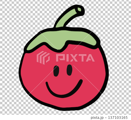 Hand drawn smiling tomato illustration for vegetable, breakfast, lunch, cafe, restaurant, menu, recipe, smoothie, juice drink, vegan, brooch, grocery shopping, supermarket, mart, icon, ingredients 137103165