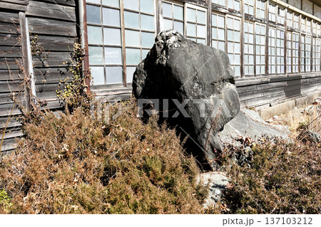 道の駅に併設展示されている旧小学校の校舎と三波石の庭石 道の駅に併設展示されている旧小学校の校舎と三波石の庭石 137103212