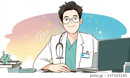 オンライン診療をする医者 137103240