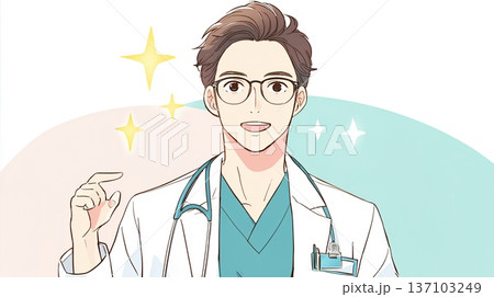 右手で合図する白衣の男性 137103249