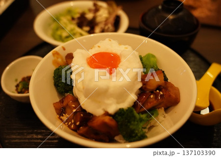 Japanese Donburi with Cloud Egg, Teriyaki Broccoli Japanese Donburi with Cloud Egg, Teriyaki Broccoli 137103390