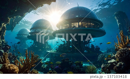 【AI生成画像】未来の海中都市ドームのイメージ 137103418
