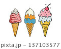 Three deliciously decorated ice cream cones in playful hand-drawn style on white background, representing fun, summer, and sweet dessert joy 137103577