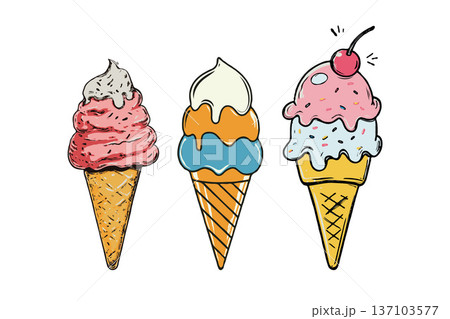 Three deliciously decorated ice cream cones in playful hand-drawn style on white background, representing fun, summer, and sweet dessert joy 137103577
