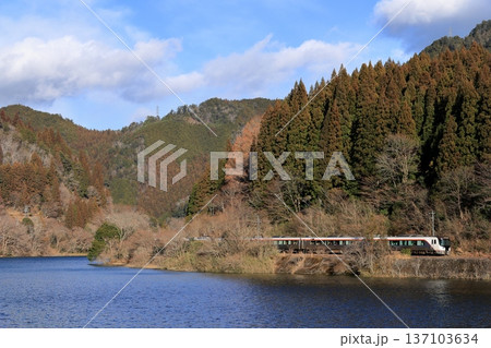 冬の飛騨川沿いを走る特急ひだ 137103634