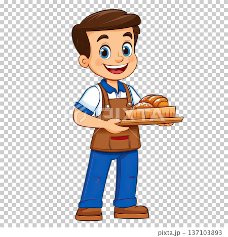 Happy boy holding tray of baked bread, wearing white shirt, brown apron, and blue jeans, smiling cheerfully, in cartoon style Happy boy holding tray of baked bread, wearing white shirt, brown apron, and blue jeans, smiling cheerfully, in cartoon style 137103893